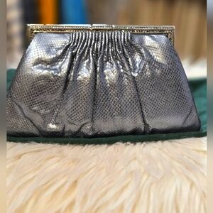 Vintage Judith Leiber Metallic Silver Python Leather Kiss Lock Clutch